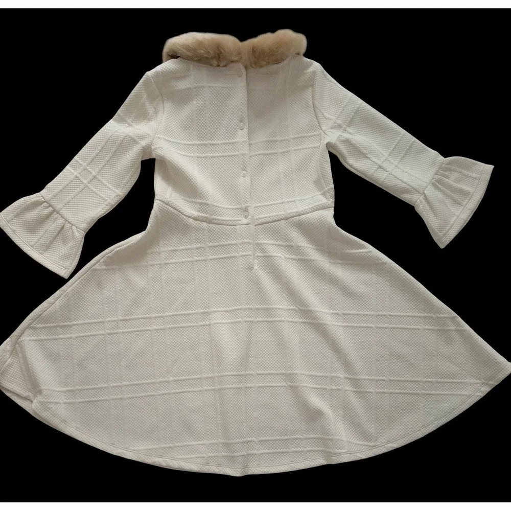 Janie and Jack Girls Dress 10 Winter White Faux Fur Collar Textured Button